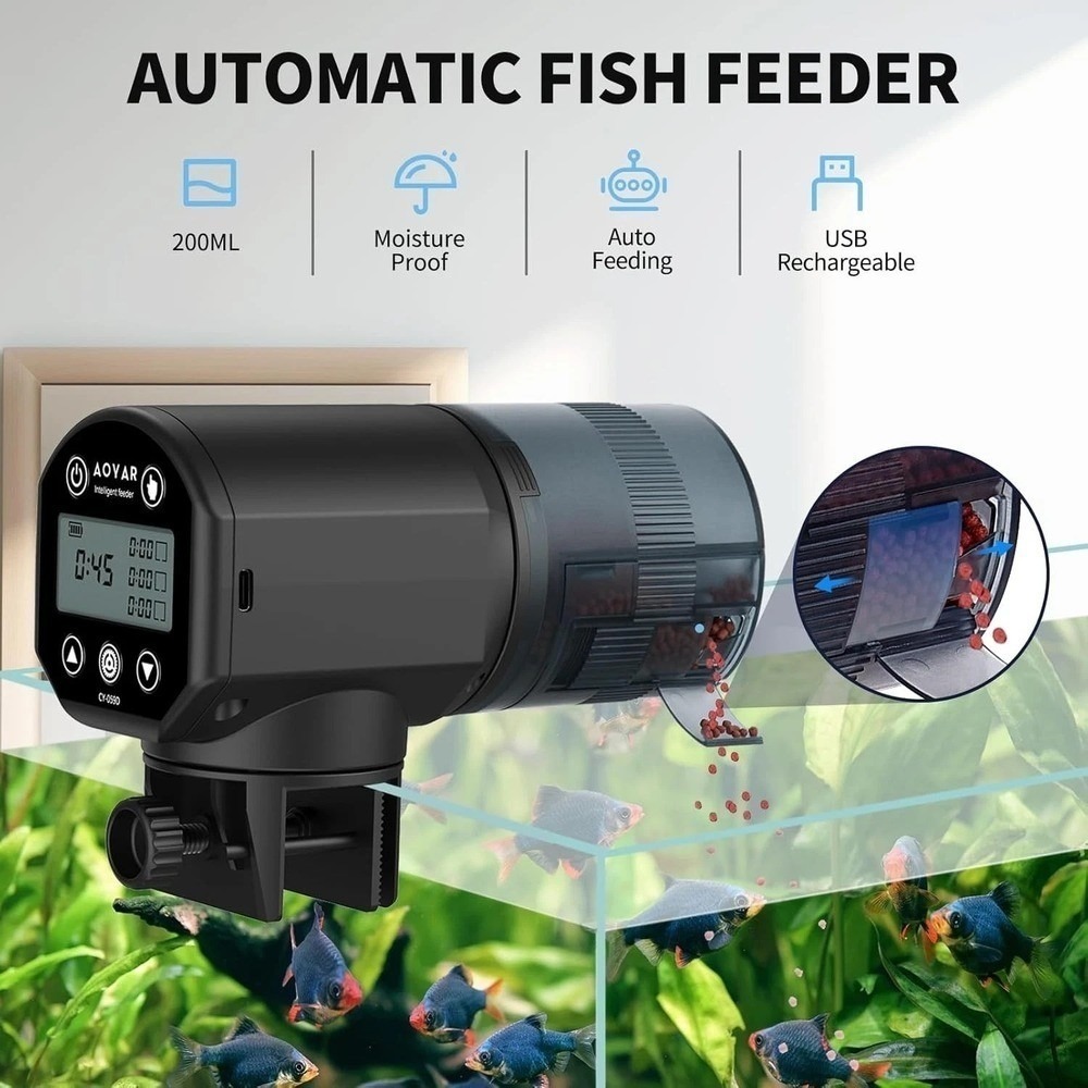 AOVAR Automatic Fish Feeder 200ML Black USB Rechargeable CY-059D New